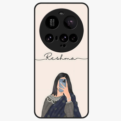 Mirror Mood Muse With Custom Name Glass Case showing flat back view with stylish mirrored artwork and personalized name design.