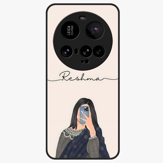 Mirror Mood Muse With Custom Name Glass Case showing flat back view with stylish mirrored artwork and personalized name design.