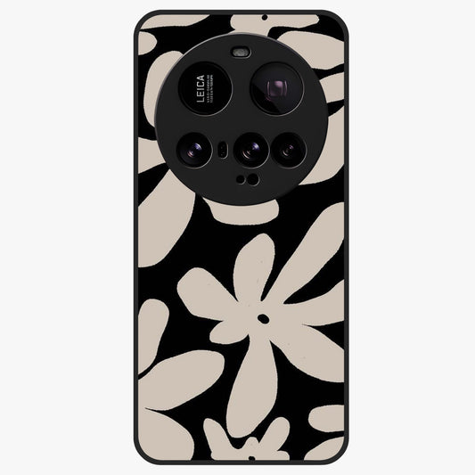 Monochrome Petal Dance Glass Case showing flat back view with monochrome floral artwork and glossy glass finish.