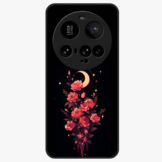 Moonlit Floral Elegance Glass Case showing flat back view with elegant floral artwork under moonlit tones and glossy glass finish.