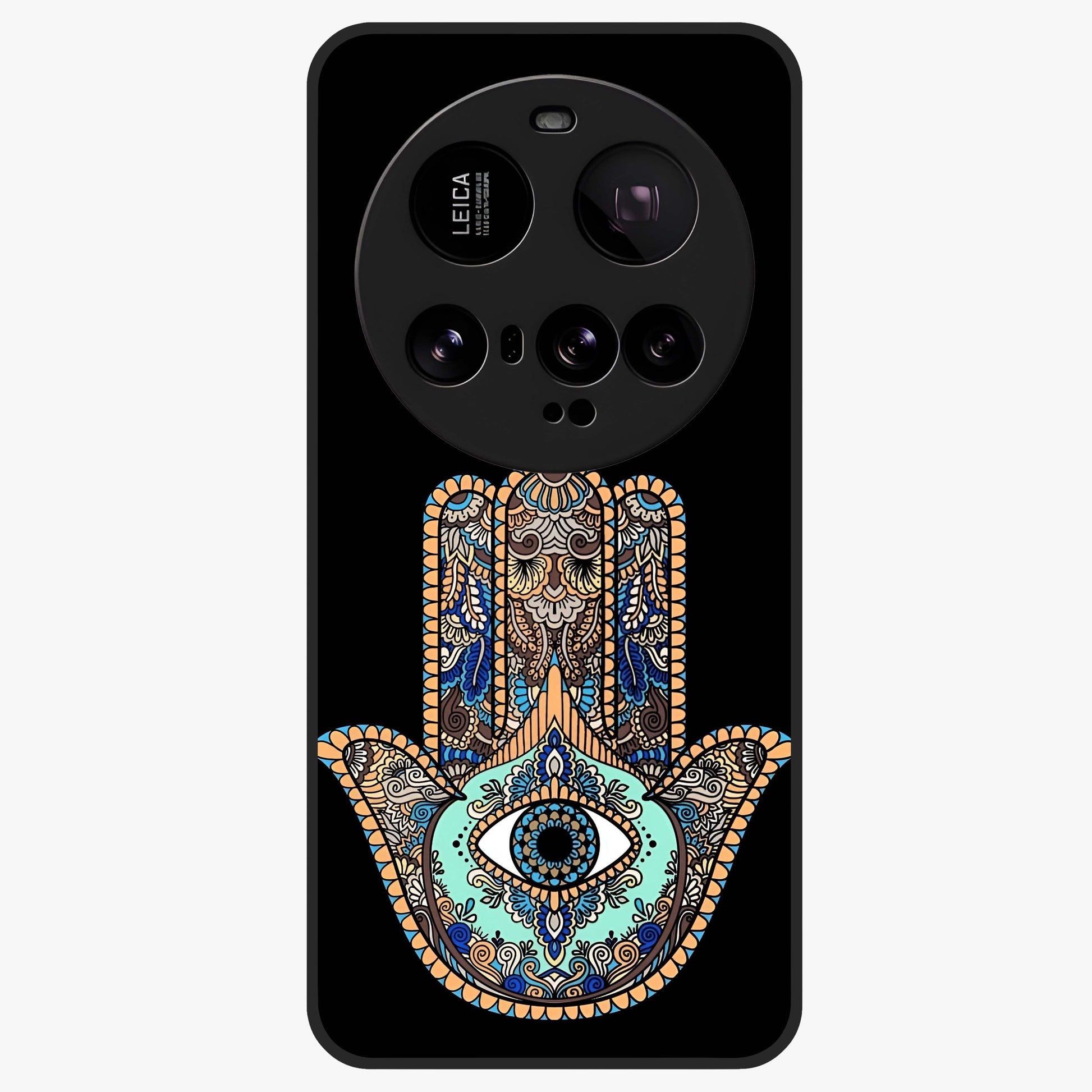 Mystic Hamsa Eye Glass Case showing flat back view with protective hamsa hand and evil eye artwork and glossy glass finish.