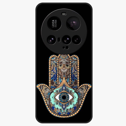 Mystic Hamsa Eye Glass Case showing flat back view with protective hamsa hand and evil eye artwork and glossy glass finish.