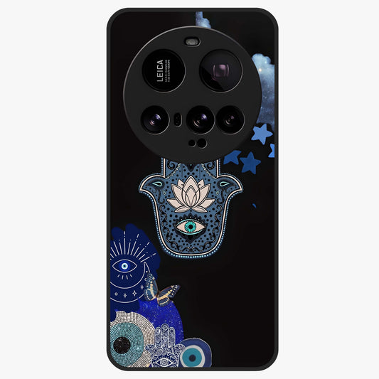 Mystic Hand Aura Glass Case showing flat back view with mystical hand symbol artwork and glossy glass finish.