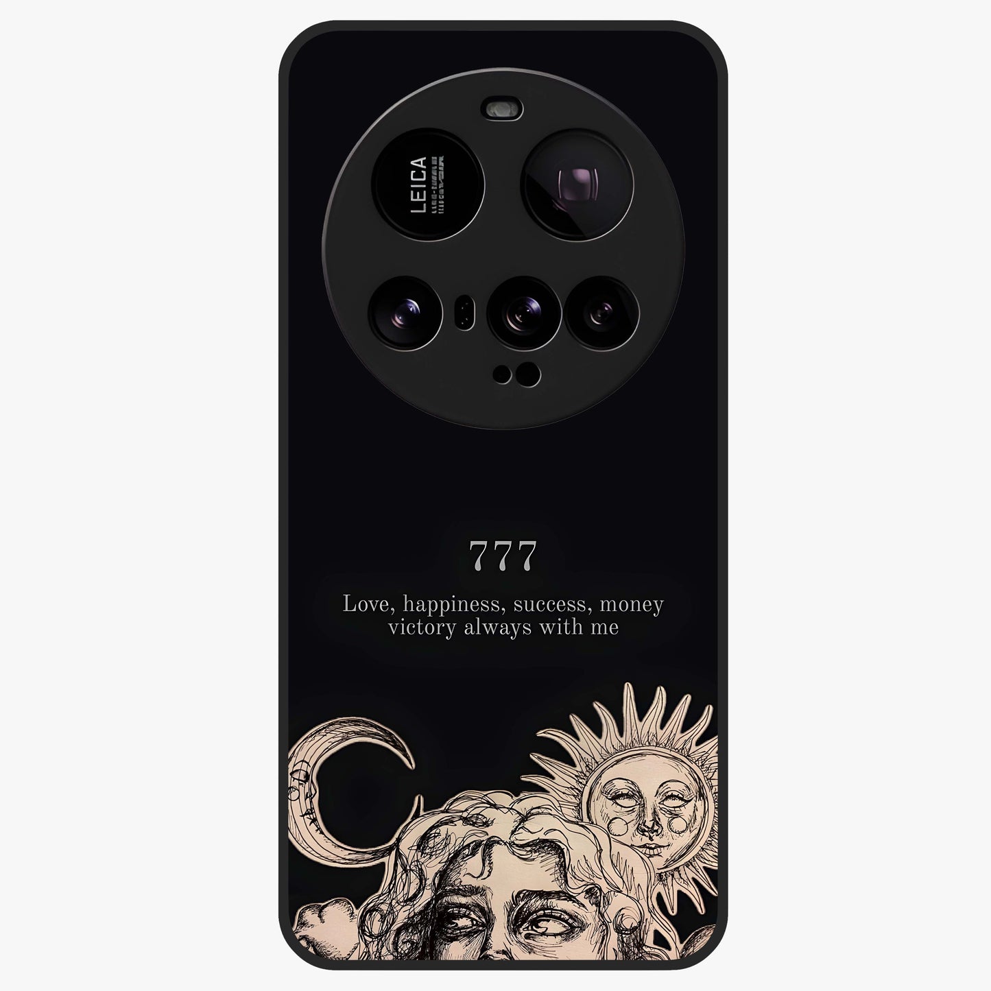 Mystic Victory Aura Glass Case showing flat back view with victory symbol artwork and glossy glass finish.