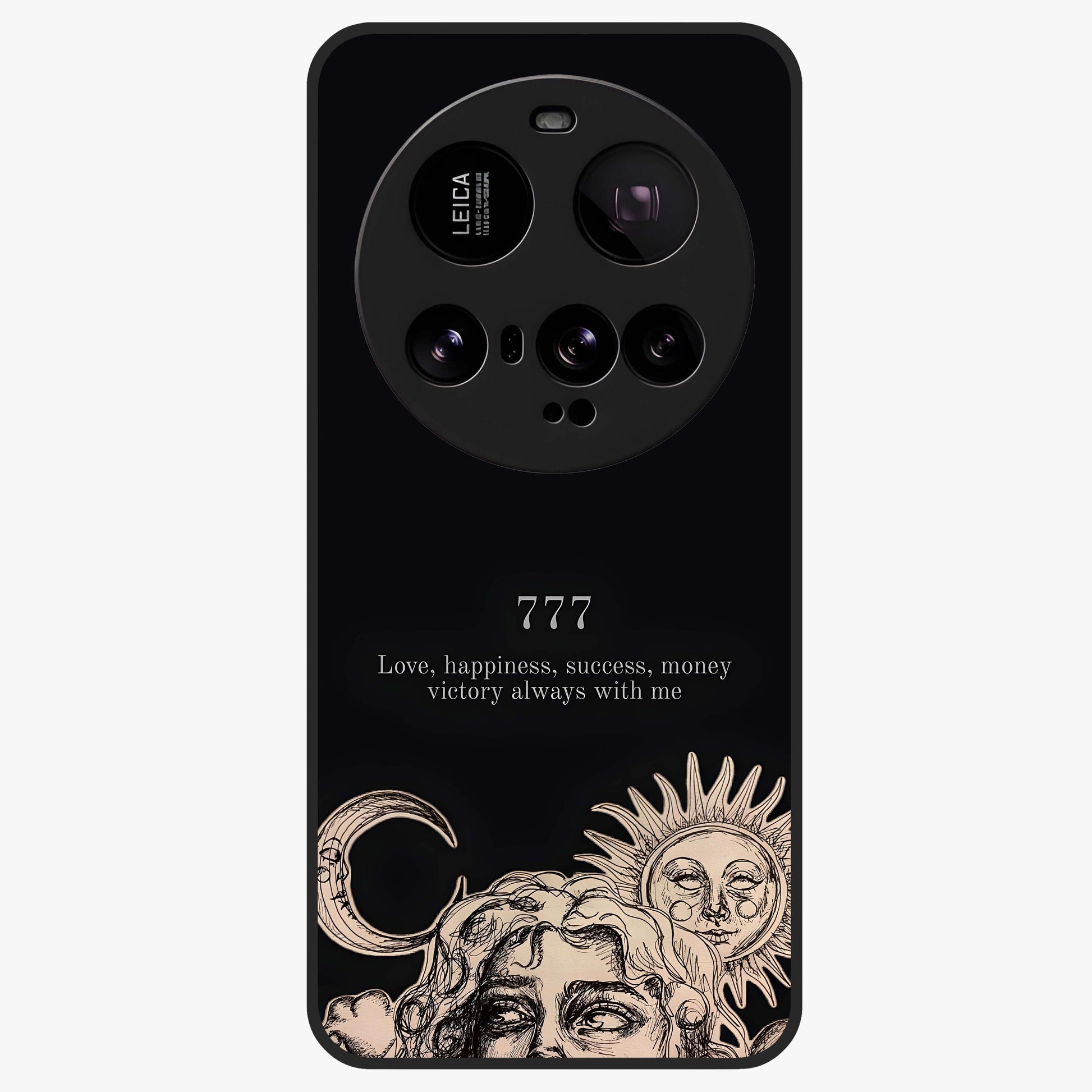 Mystic Victory Aura Glass Case showing flat back view with victory symbol artwork and glossy glass finish.