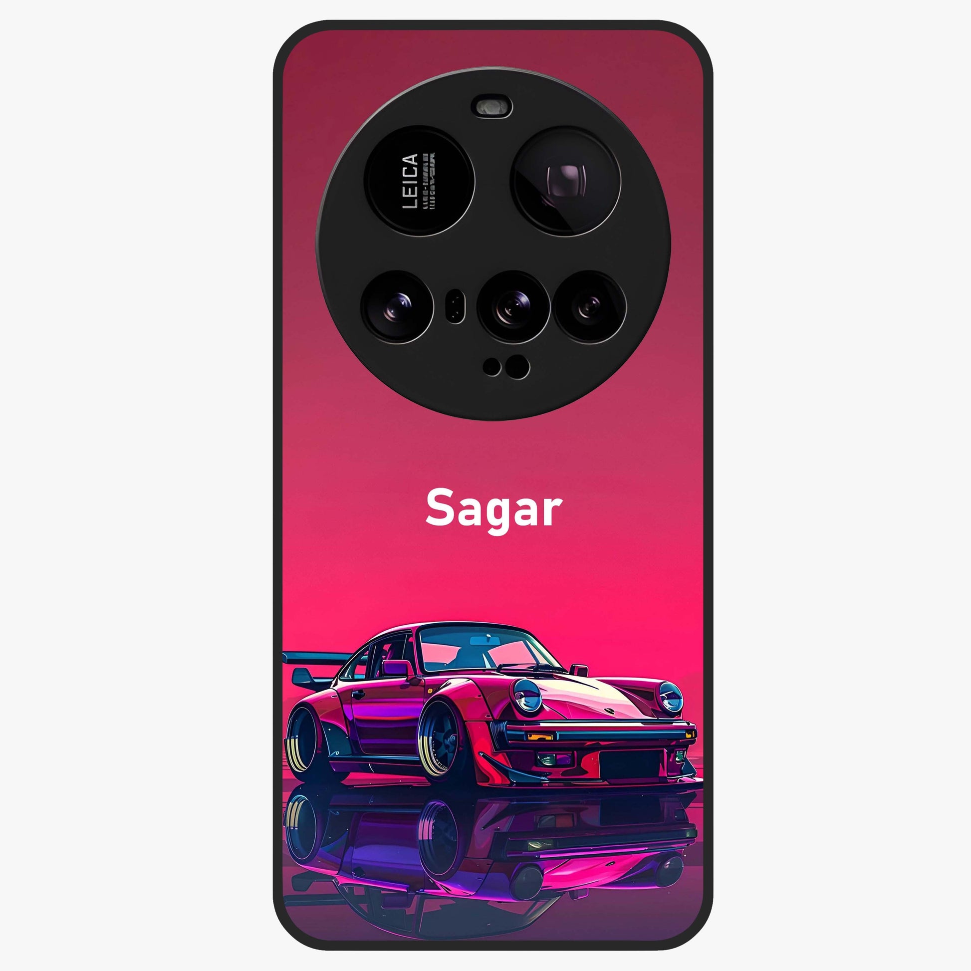Neon Pink Porsche Glass Case showing flat back view with stylish sports car artwork and glossy glass finish.