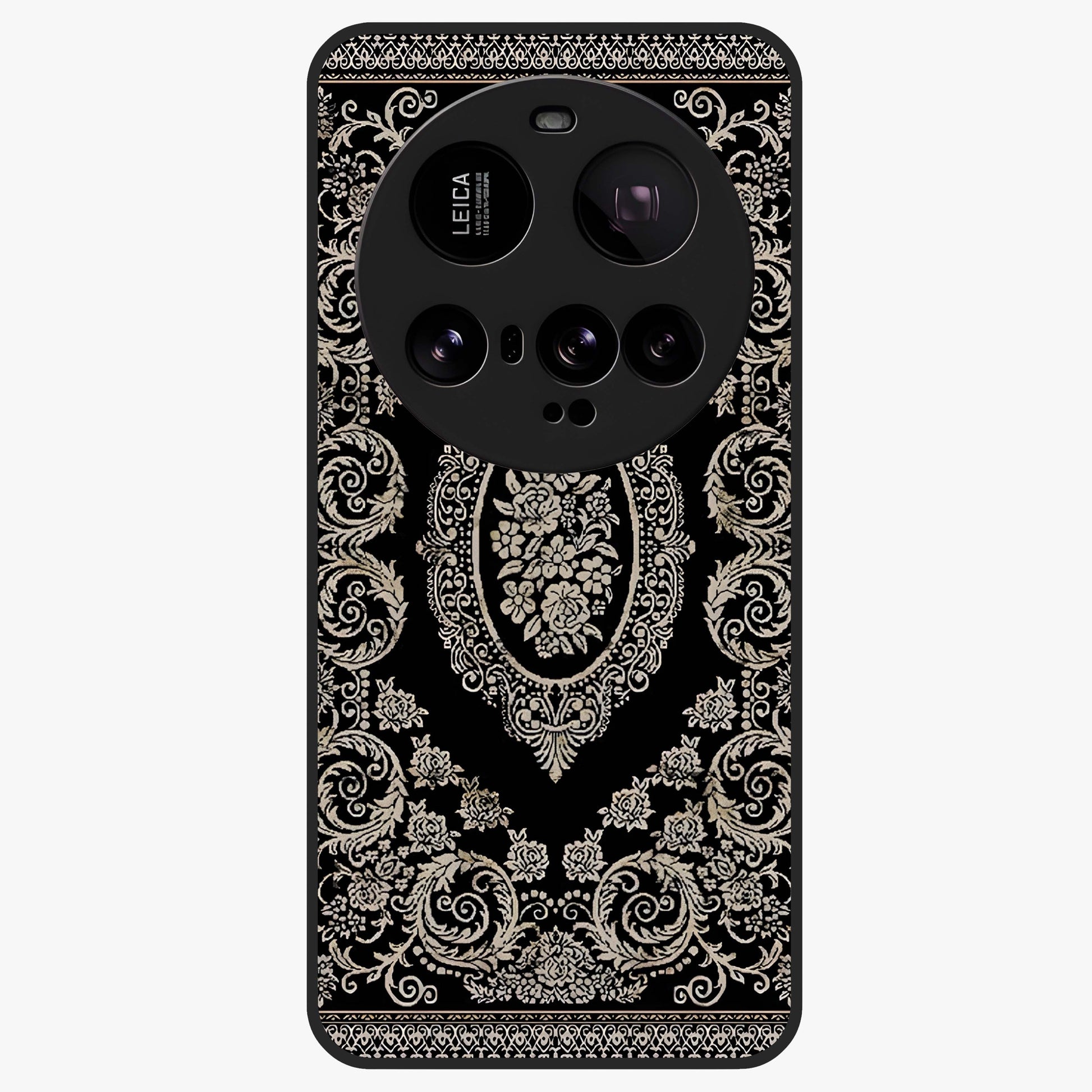 Noir Bloom Elegance Glass Case showing flat back view with elegant dark floral artwork and glossy glass finish.