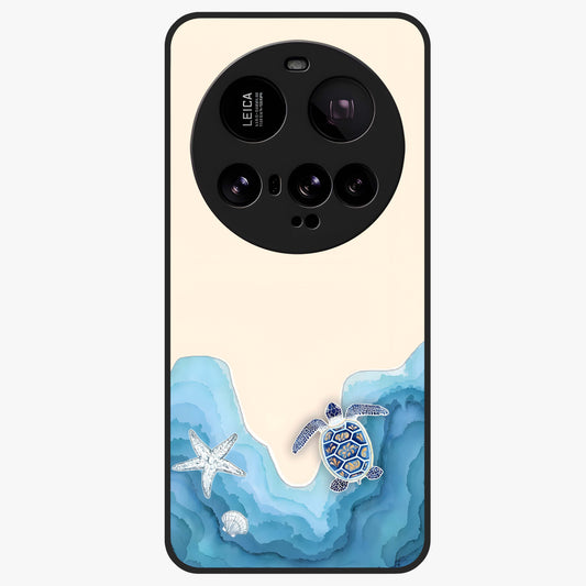 Ocean Drift Turtle Glass Case showing flat back view with sea turtle artwork and glossy glass finish.