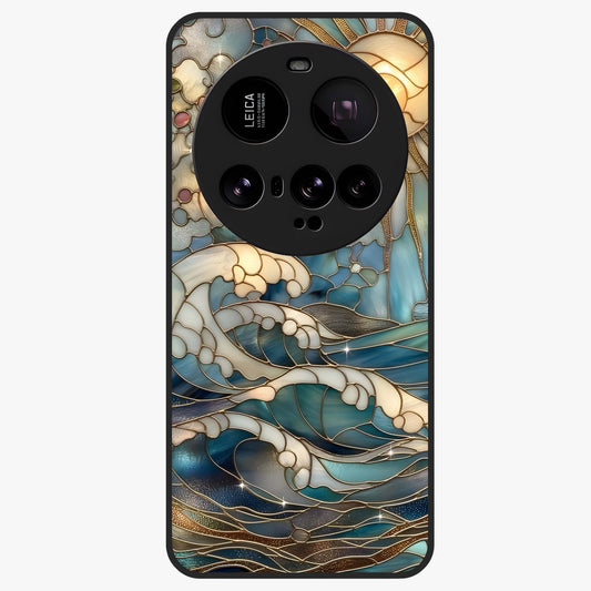 Oceanic Stained Printed Glass Case showing flat back view with ocean inspired stained pattern artwork and glossy glass finish.