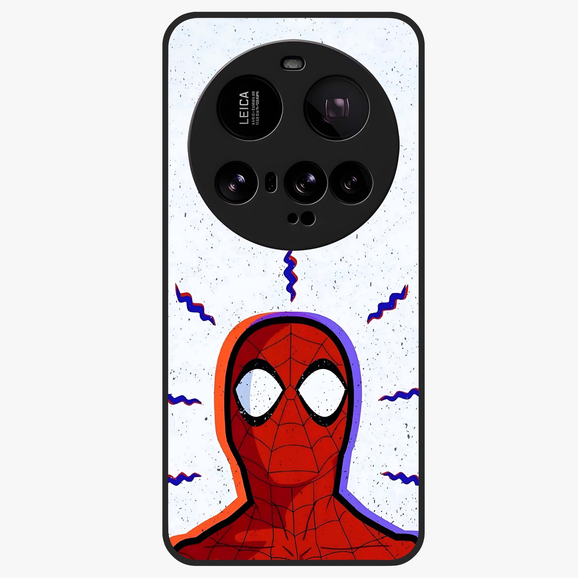 Omg Spiderman Glass Case showing flat back view with bold superhero inspired artwork and glossy glass finish.