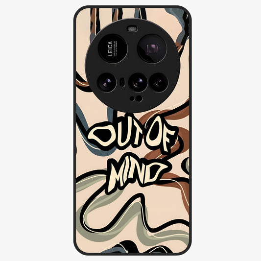 Out Of Mind Glass Case showing flat back view with expressive typography artwork and glossy glass finish.