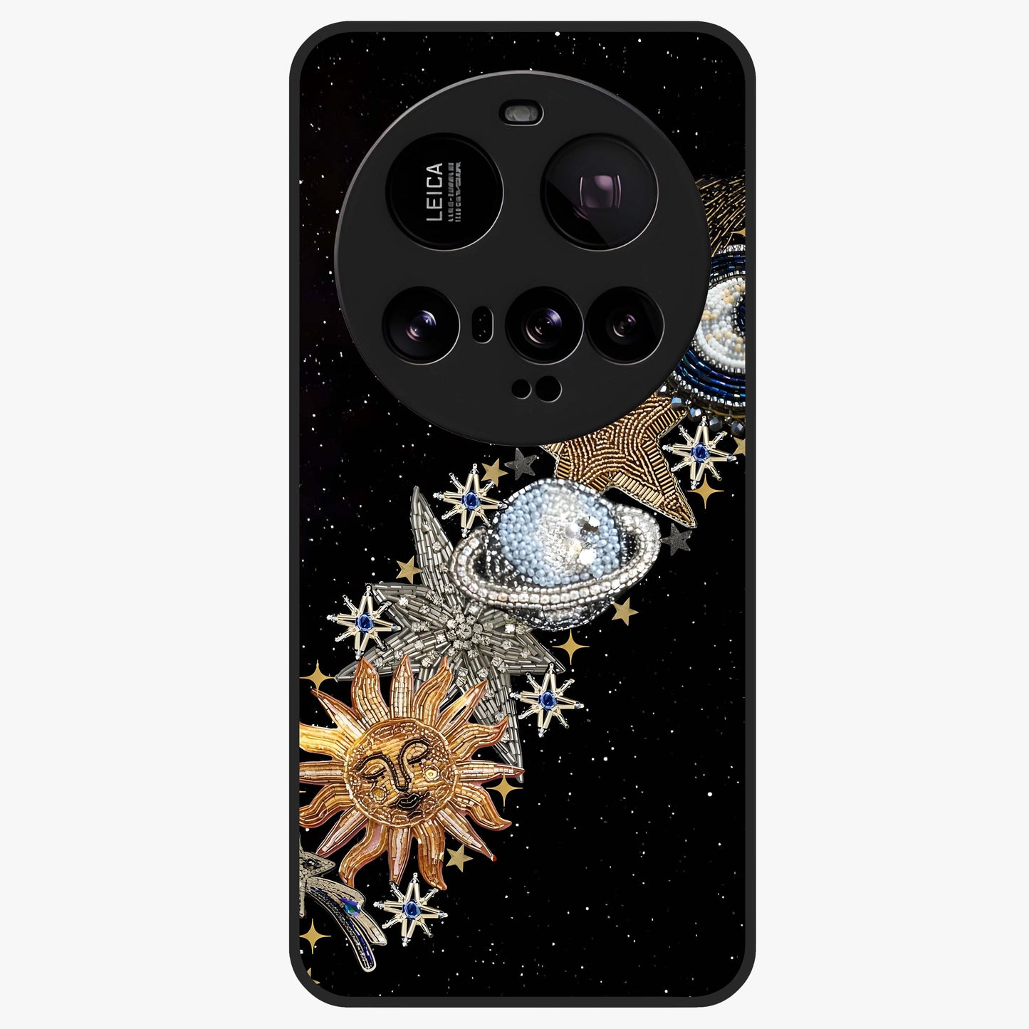 Pearls Universe Object Glass Case showing flat back view with pearl inspired cosmic artwork and glossy glass finish.