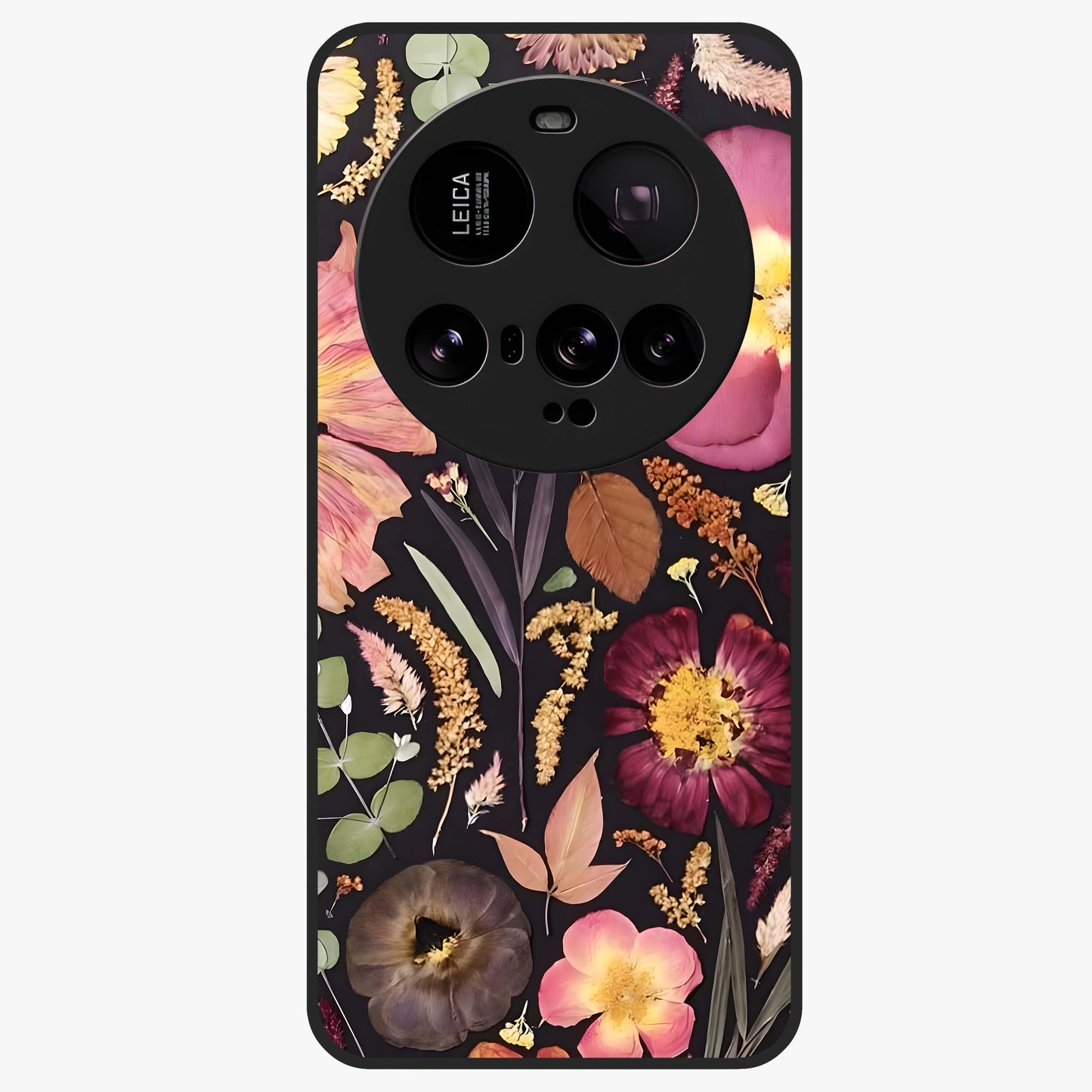 Petal Dream Tapestry Glass Case showing flat back view with intricate floral tapestry artwork and glossy glass finish.