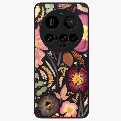 Petal Dream Tapestry Glass Case showing flat back view with intricate floral tapestry artwork and glossy glass finish.