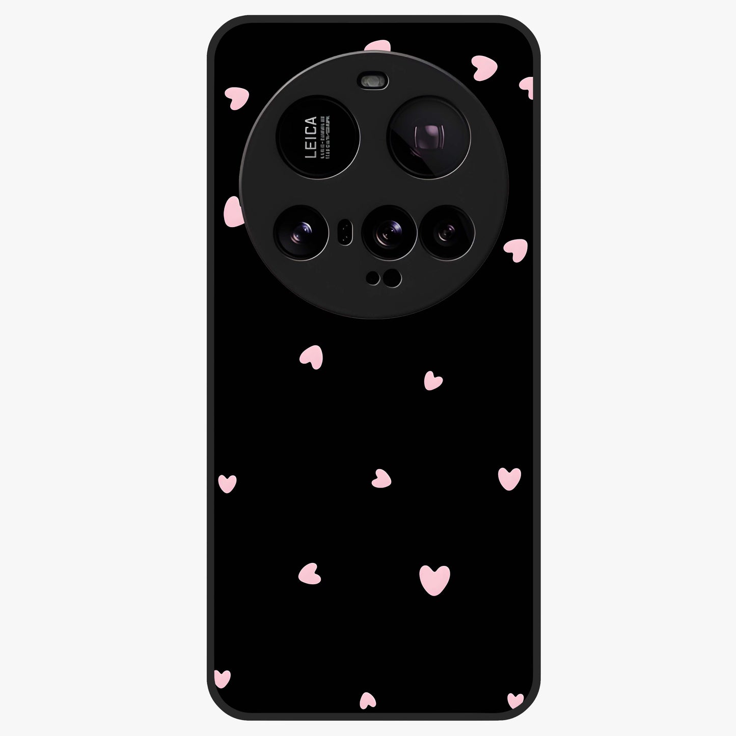 Pink Love Drops Glass Case showing flat back view with playful pink heart drops artwork and glossy glass finish.