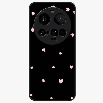 Pink Love Drops Glass Case showing flat back view with playful pink heart drops artwork and glossy glass finish.
