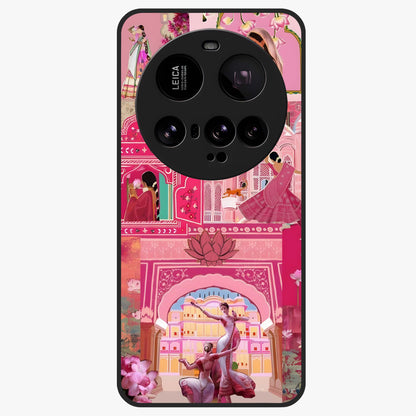 Pink Palace Muse Glass Case showing flat back view with elegant palace inspired artwork and glossy glass finish.