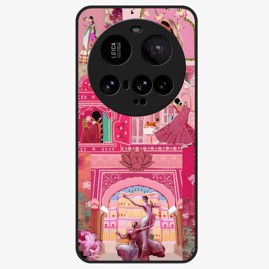 Pink Palace Muse Glass Case showing flat back view with elegant palace inspired artwork and glossy glass finish.