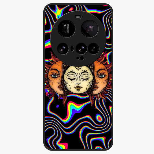 Psychedelic Sun Glass Case showing flat back view with colorful psychedelic sun artwork and glossy glass finish.