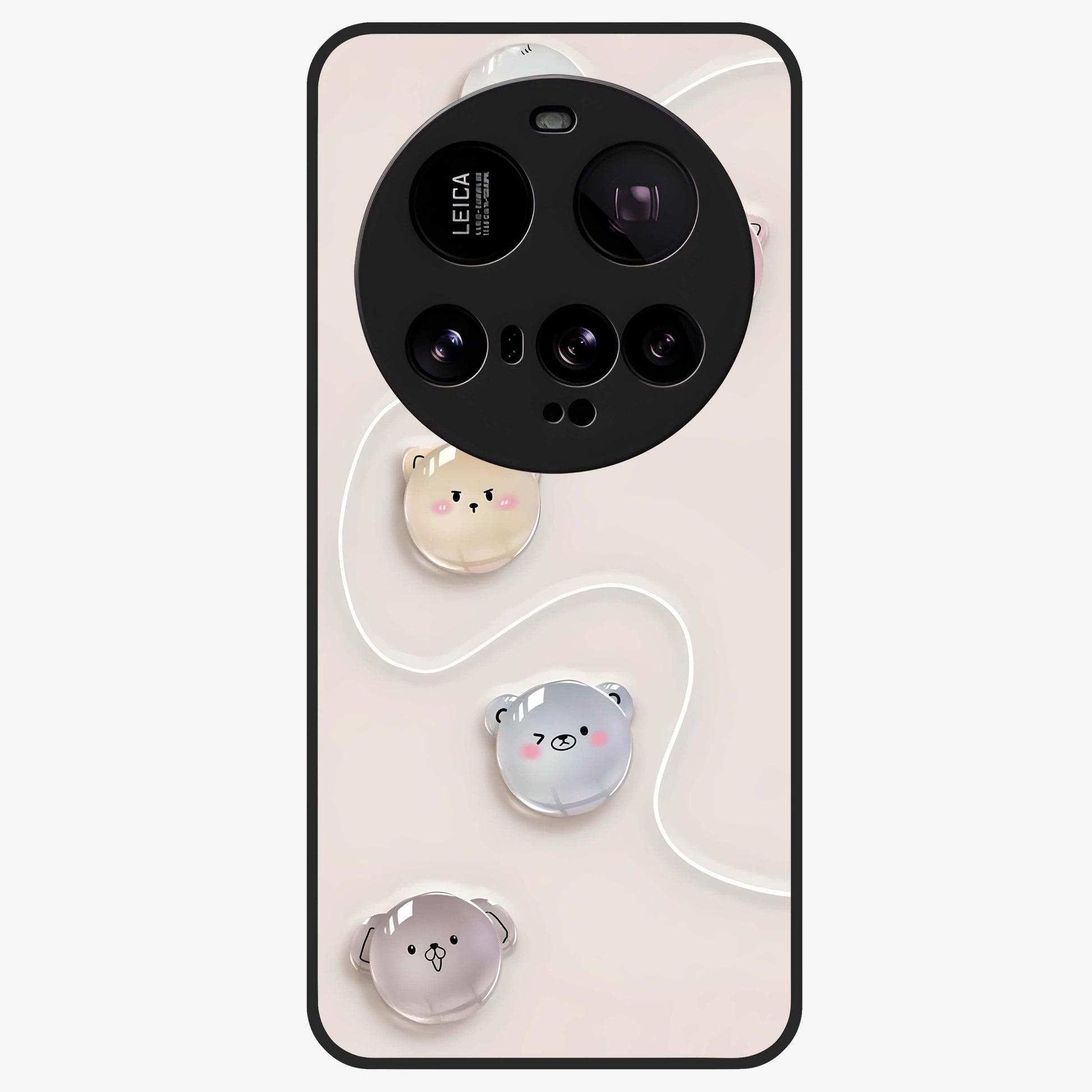 Puffy Face Parade Glass Case showing flat back view with cute puffy character faces artwork and glossy glass finish.