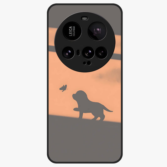 Puppy Shadow Art Glass Case showing flat back view with cute puppy shadow style artwork and glossy glass finish.