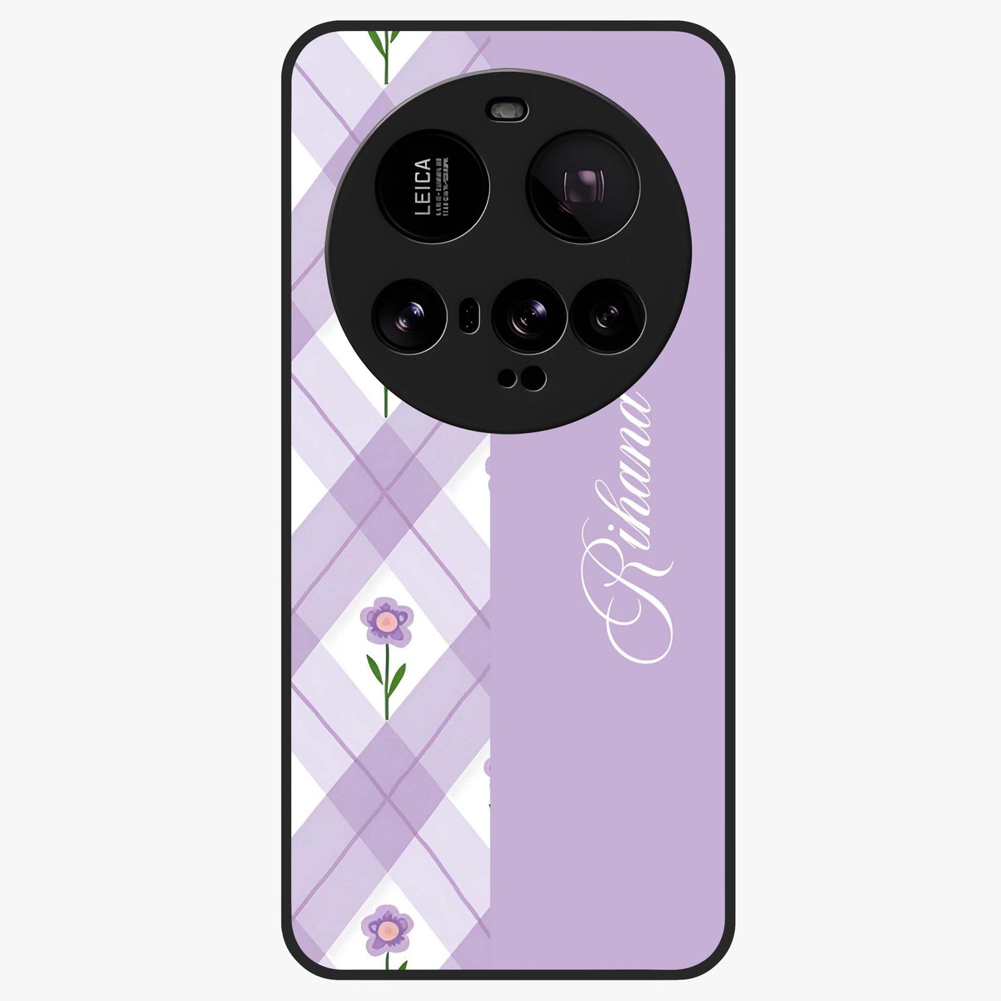 Purple Diamond Floral Glass Case showing flat back view with diamond shaped floral artwork and glossy glass finish.