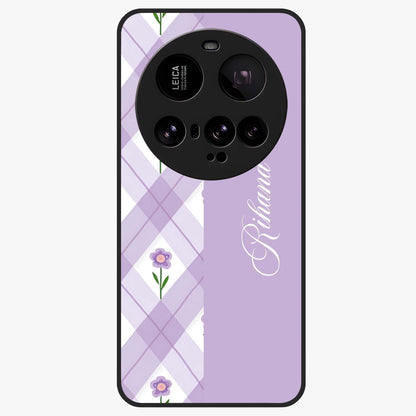 Purple Diamond Floral Glass Case showing flat back view with diamond shaped floral artwork and glossy glass finish.
