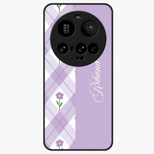 Purple Diamond Floral Glass Case showing flat back view with diamond shaped floral artwork and glossy glass finish.