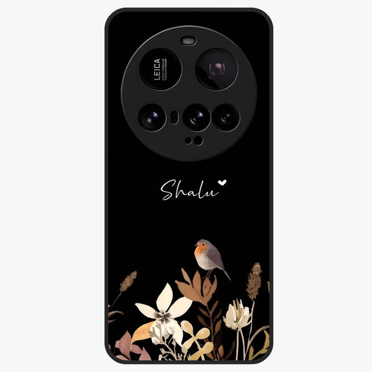 Quiet Garden Tune Custom Name Glass Case showing flat back view with peaceful garden artwork and personalized name design.