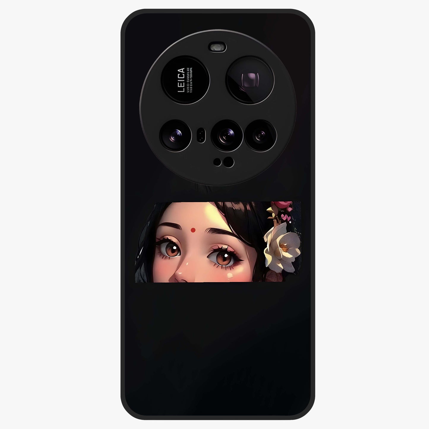 Radha Divine Embrace Glass Case showing flat back view with devotional Radha artwork and glossy glass finish.