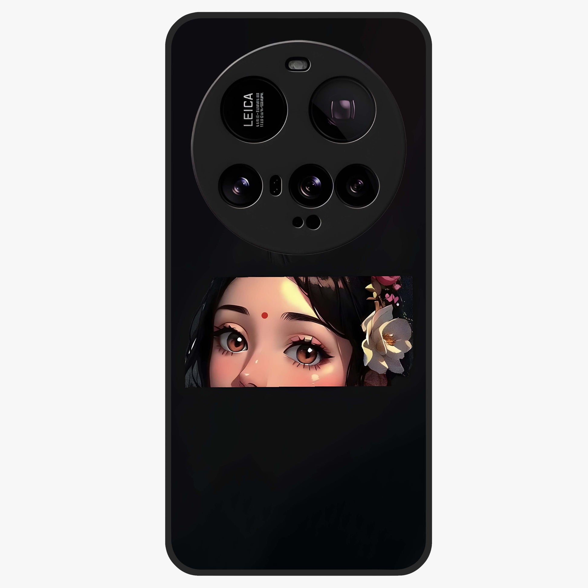 Radha Divine Embrace Glass Case showing flat back view with devotional Radha artwork and glossy glass finish.