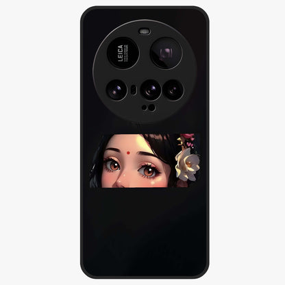 Radha Divine Embrace Glass Case showing flat back view with devotional Radha artwork and glossy glass finish.