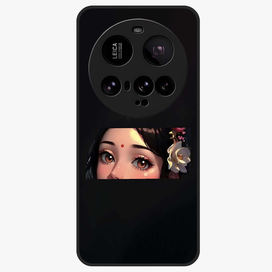 Radha Divine Embrace Glass Case showing flat back view with devotional Radha artwork and glossy glass finish.