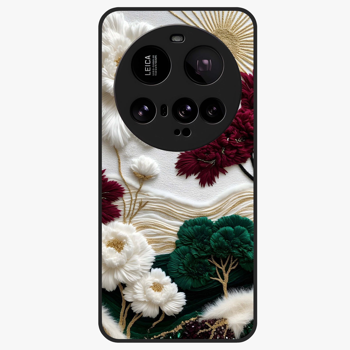Radiant Bloom Elegance Glass Case showing flat back view with elegant blooming flower artwork and glossy glass finish.