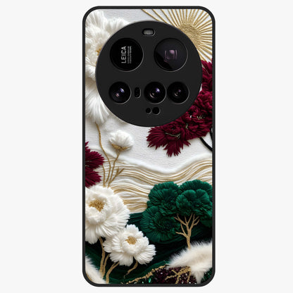 Radiant Bloom Elegance Glass Case showing flat back view with elegant blooming flower artwork and glossy glass finish.