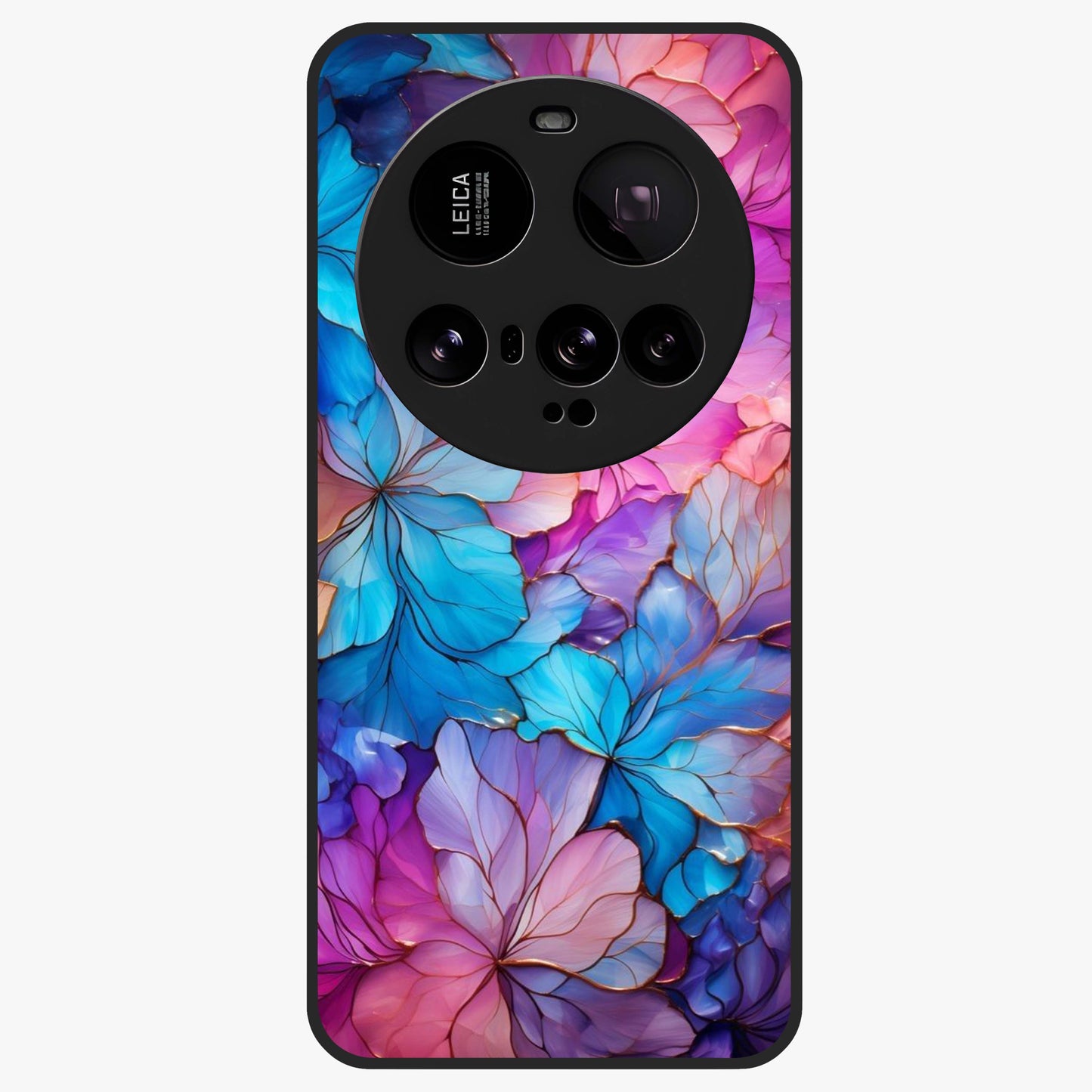 Radiant Floral Whirl Glass Case showing flat back view with swirling floral artwork and glossy glass finish.