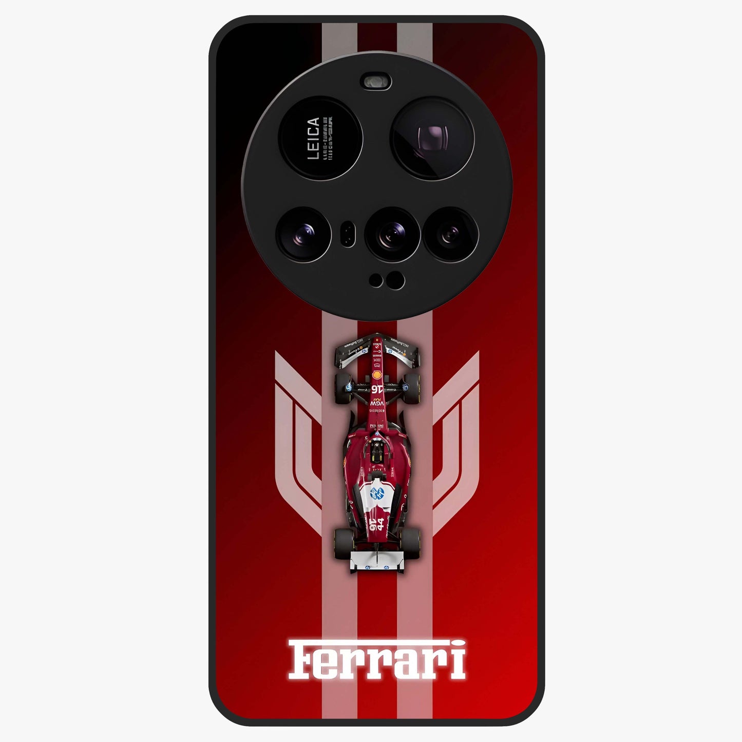 Red Ferrari F1 Vertical Glass Case showing flat back view with sleek Formula racing car artwork and glossy glass finish.