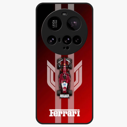 Red Ferrari F1 Vertical Glass Case showing flat back view with sleek Formula racing car artwork and glossy glass finish.