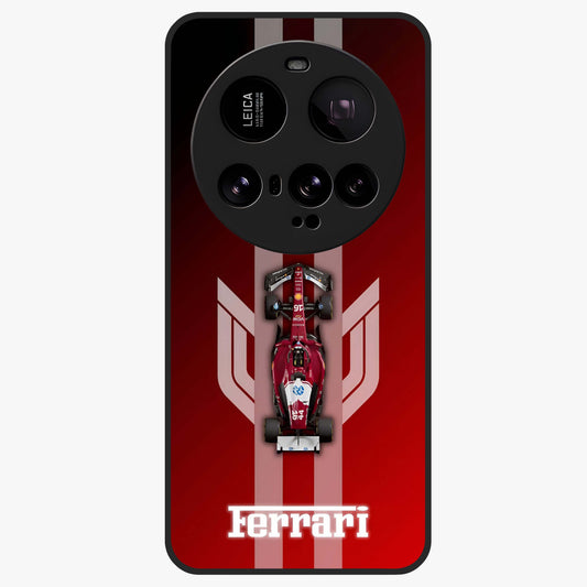 Red Ferrari F1 Vertical Glass Case showing flat back view with sleek Formula racing car artwork and glossy glass finish.