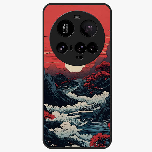 Red Sunset Scenery Glass Case showing flat back view with vibrant sunset landscape artwork and glossy glass finish.