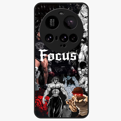 Relentless Power Focus Glass Case showing flat back view with motivational typography artwork and glossy glass finish.