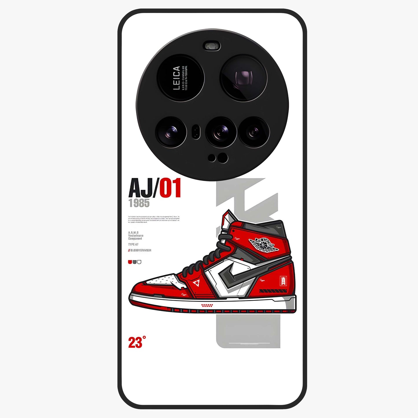 Retro Sneaker Blueprint Glass Case showing flat back view with sneaker blueprint style artwork and glossy glass finish.