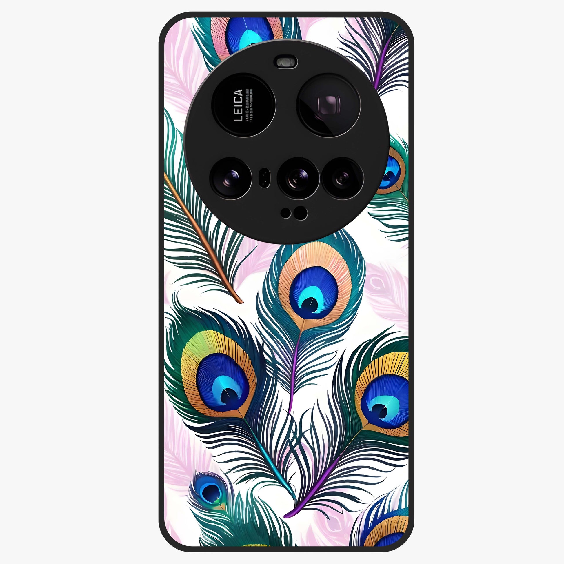 Royal Peacock Feathers Glass Case showing flat back view with colorful peacock feather artwork and glossy glass finish.