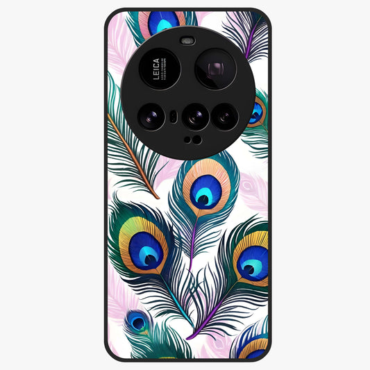 Royal Peacock Feathers Glass Case showing flat back view with colorful peacock feather artwork and glossy glass finish.