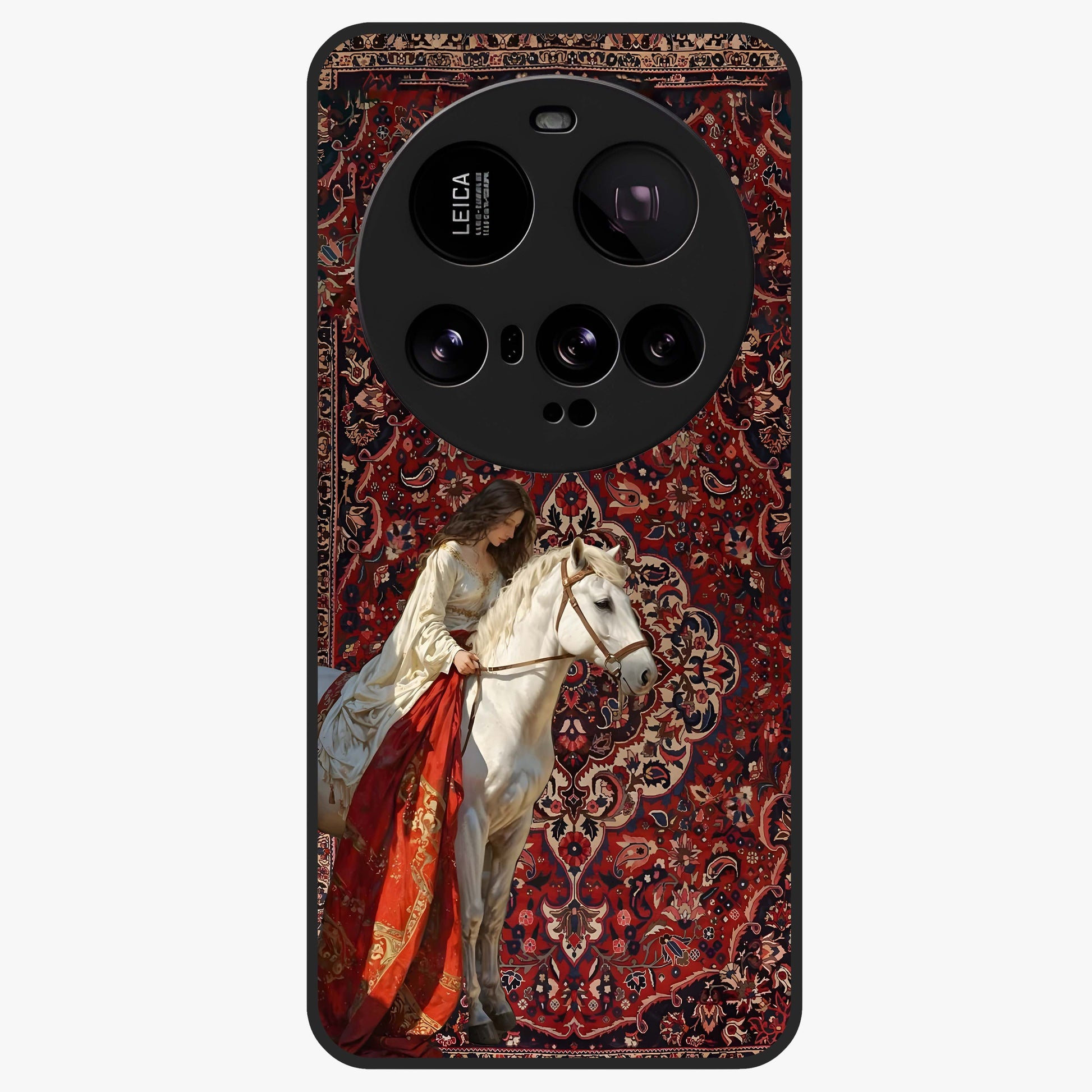 Royal Rider Tapestry Glass Case showing flat back view with majestic horse rider tapestry artwork and glossy glass finish.