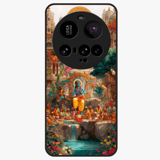 Sacred Sunlight Gods Glass Case showing flat back view with divine sunlight themed artwork and glossy glass finish.