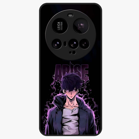 Shadow Monarch Awakening Glass Case showing flat back view with powerful dark monarch themed artwork and glossy glass finish.