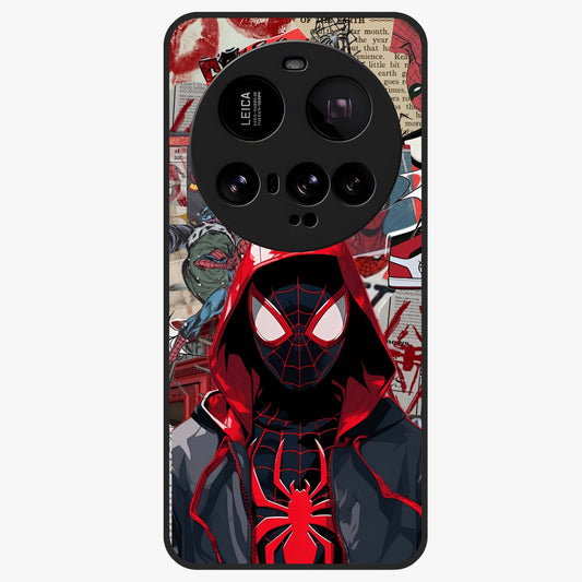 Spider Collage Street Glass Case showing flat back view with vibrant superhero collage artwork and glossy glass finish.