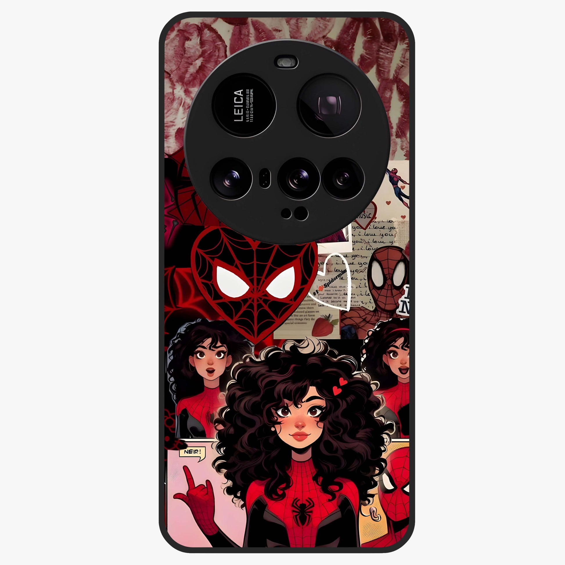 Spider Love Story Glass Case showing flat back view with romantic superhero themed artwork and glossy glass finish.