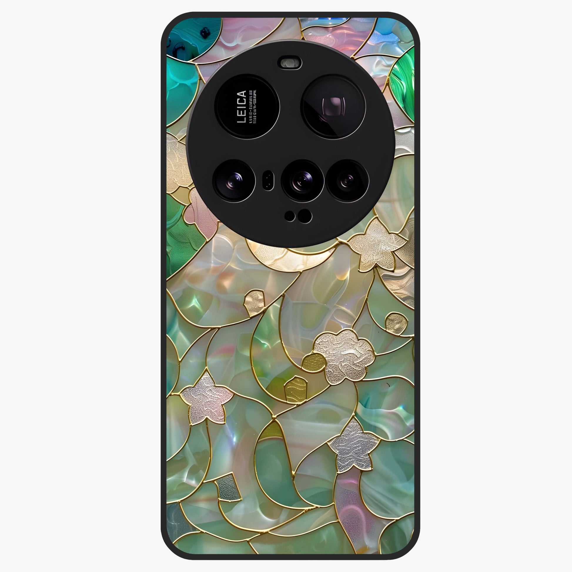 Stained Sunrise Glow Glass Case showing flat back view with glowing sunrise stained pattern artwork and glossy glass finish.